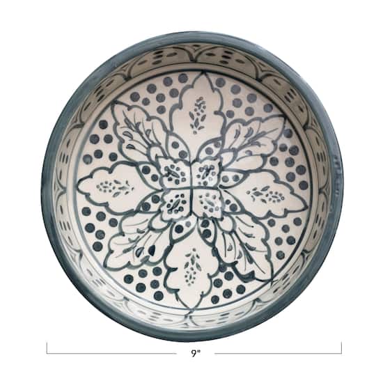 Hello Honey® 9" Cream & Blue Botanical Design Hand-Painted Stoneware Pet Bowl